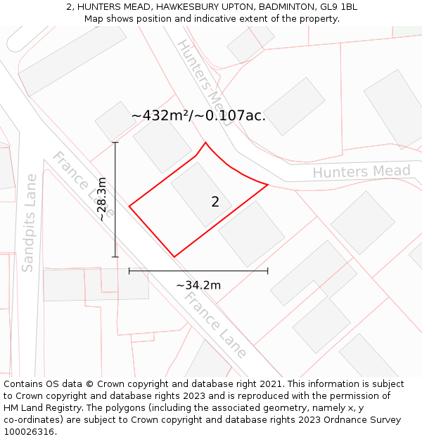 2, HUNTERS MEAD, HAWKESBURY UPTON, BADMINTON, GL9 1BL: Plot and title map