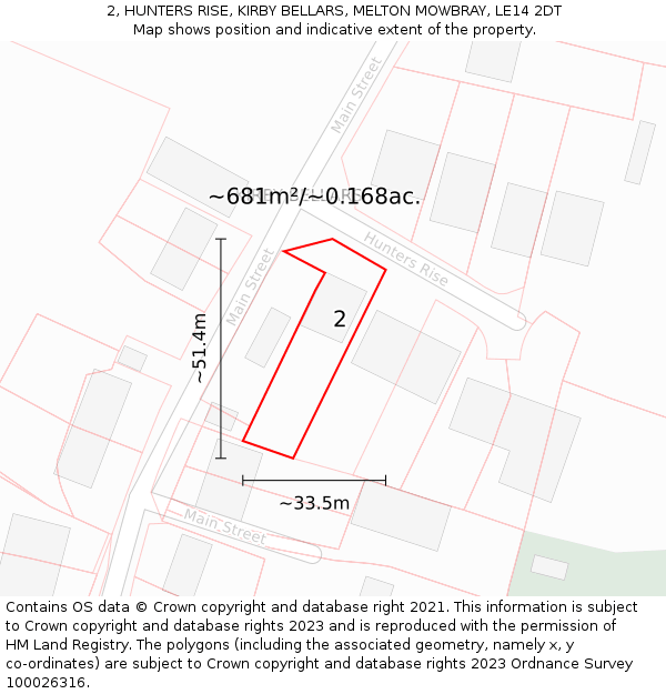 2, HUNTERS RISE, KIRBY BELLARS, MELTON MOWBRAY, LE14 2DT: Plot and title map