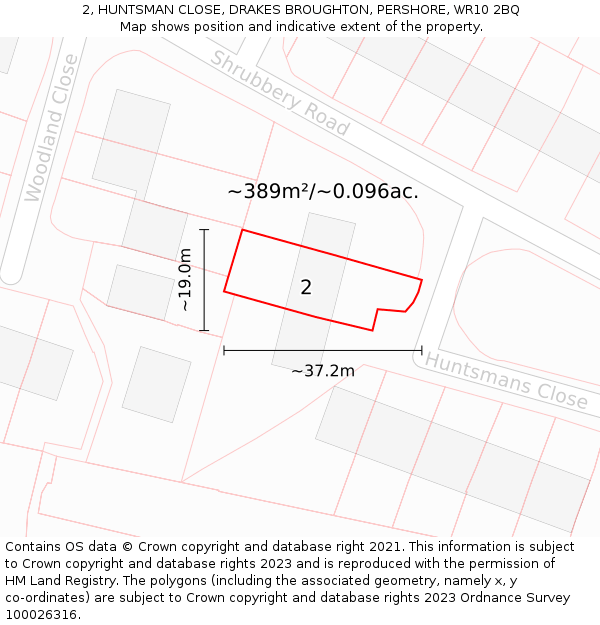 2, HUNTSMAN CLOSE, DRAKES BROUGHTON, PERSHORE, WR10 2BQ: Plot and title map