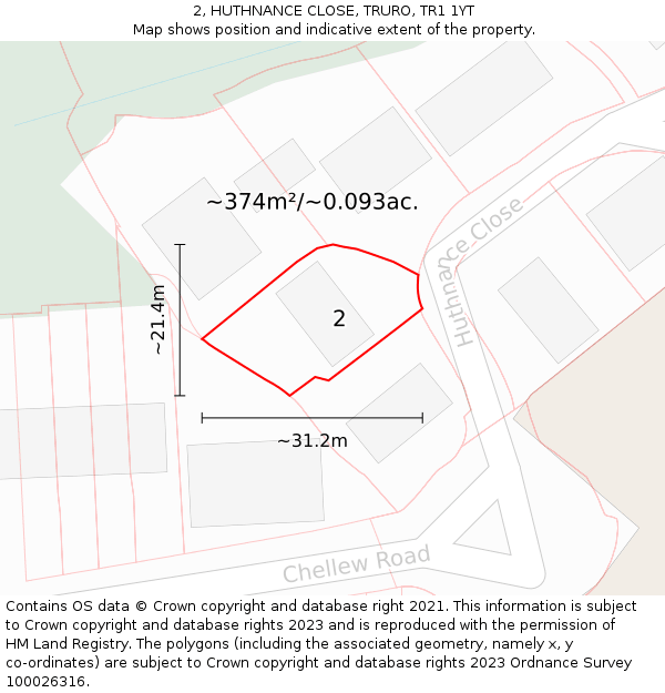 2, HUTHNANCE CLOSE, TRURO, TR1 1YT: Plot and title map