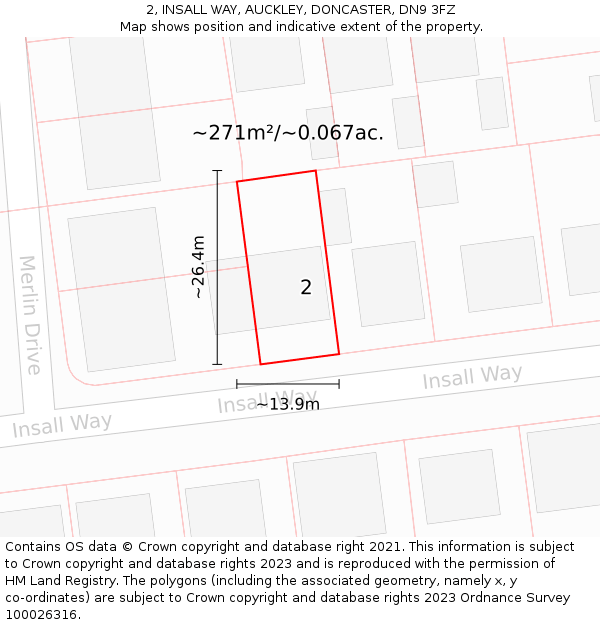 2, INSALL WAY, AUCKLEY, DONCASTER, DN9 3FZ: Plot and title map