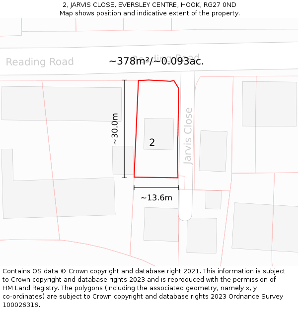 2, JARVIS CLOSE, EVERSLEY CENTRE, HOOK, RG27 0ND: Plot and title map