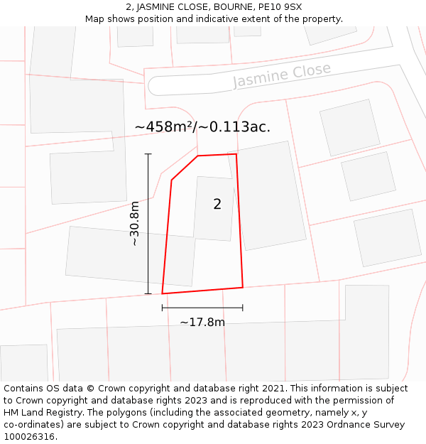 2, JASMINE CLOSE, BOURNE, PE10 9SX: Plot and title map