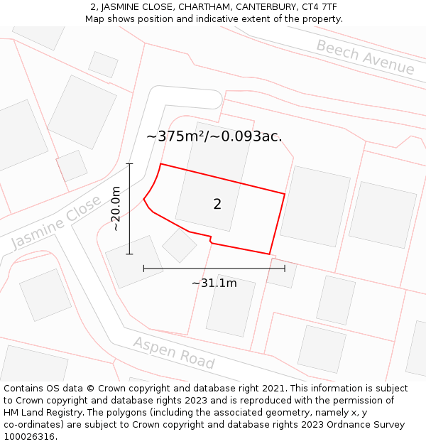 2, JASMINE CLOSE, CHARTHAM, CANTERBURY, CT4 7TF: Plot and title map