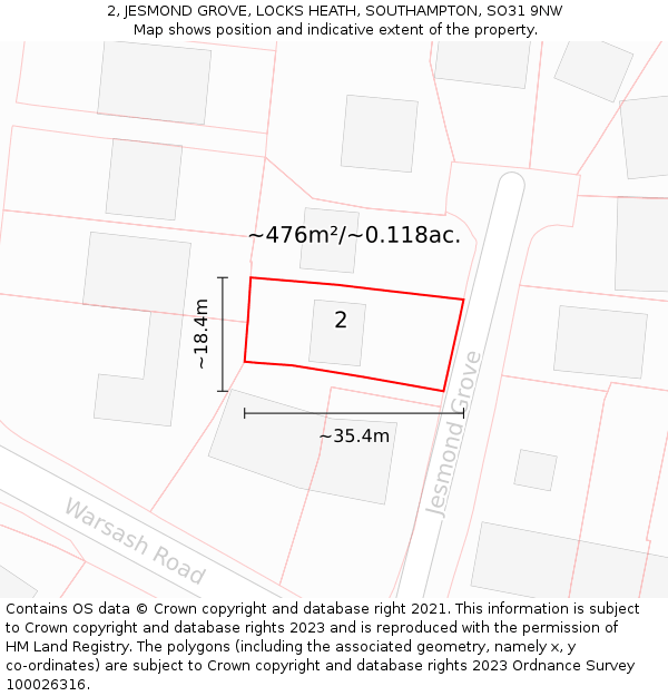 2, JESMOND GROVE, LOCKS HEATH, SOUTHAMPTON, SO31 9NW: Plot and title map