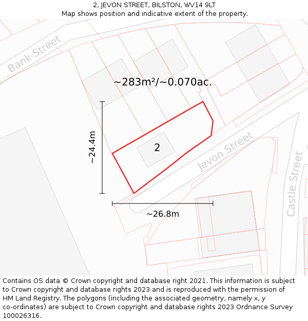 2, JEVON STREET, BILSTON, WV14 9LT: Plot and title map