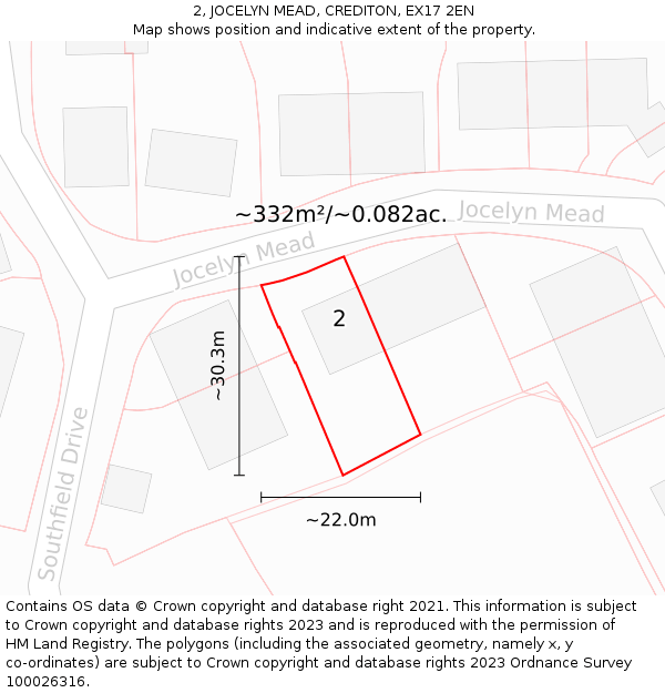 2, JOCELYN MEAD, CREDITON, EX17 2EN: Plot and title map