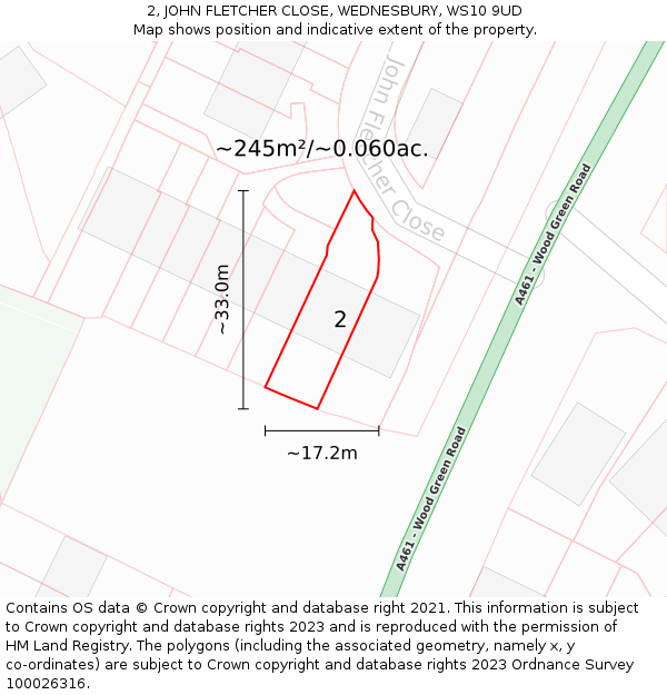 2, JOHN FLETCHER CLOSE, WEDNESBURY, WS10 9UD: Plot and title map