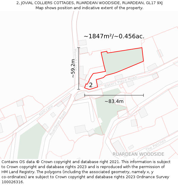 2, JOVIAL COLLIERS COTTAGES, RUARDEAN WOODSIDE, RUARDEAN, GL17 9XJ: Plot and title map