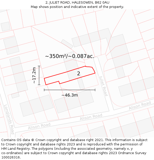 2, JULIET ROAD, HALESOWEN, B62 0AU: Plot and title map