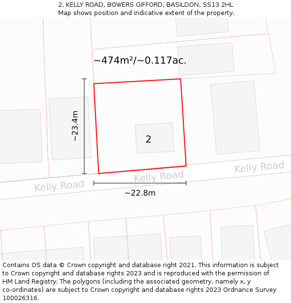 2, KELLY ROAD, BOWERS GIFFORD, BASILDON, SS13 2HL: Plot and title map