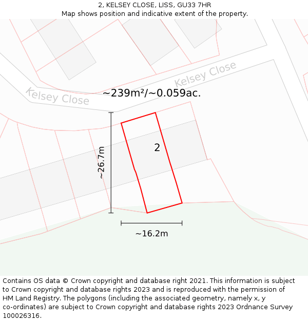 2, KELSEY CLOSE, LISS, GU33 7HR: Plot and title map