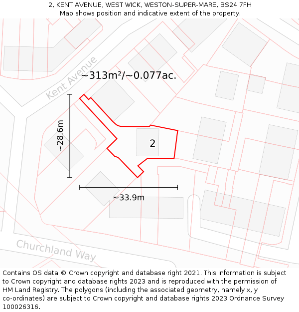 2, KENT AVENUE, WEST WICK, WESTON-SUPER-MARE, BS24 7FH: Plot and title map