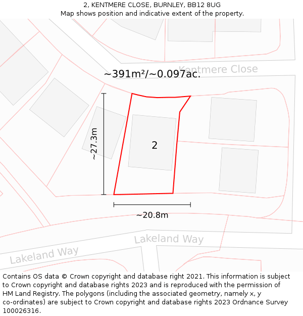 2, KENTMERE CLOSE, BURNLEY, BB12 8UG: Plot and title map