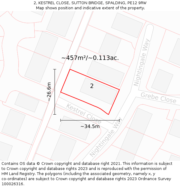 2, KESTREL CLOSE, SUTTON BRIDGE, SPALDING, PE12 9RW: Plot and title map