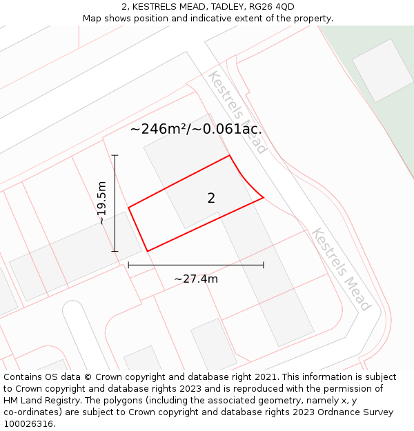 2, KESTRELS MEAD, TADLEY, RG26 4QD: Plot and title map