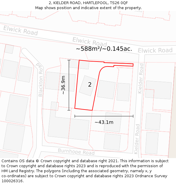 2, KIELDER ROAD, HARTLEPOOL, TS26 0QF: Plot and title map