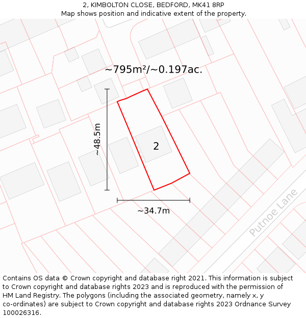 2, KIMBOLTON CLOSE, BEDFORD, MK41 8RP: Plot and title map