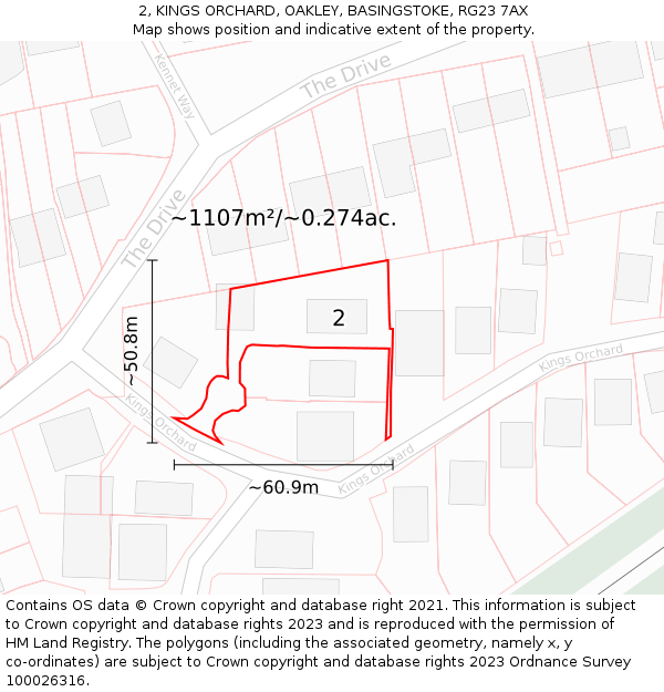 2, KINGS ORCHARD, OAKLEY, BASINGSTOKE, RG23 7AX: Plot and title map