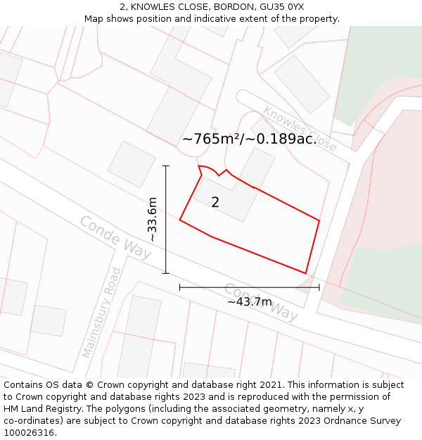 2, KNOWLES CLOSE, BORDON, GU35 0YX: Plot and title map