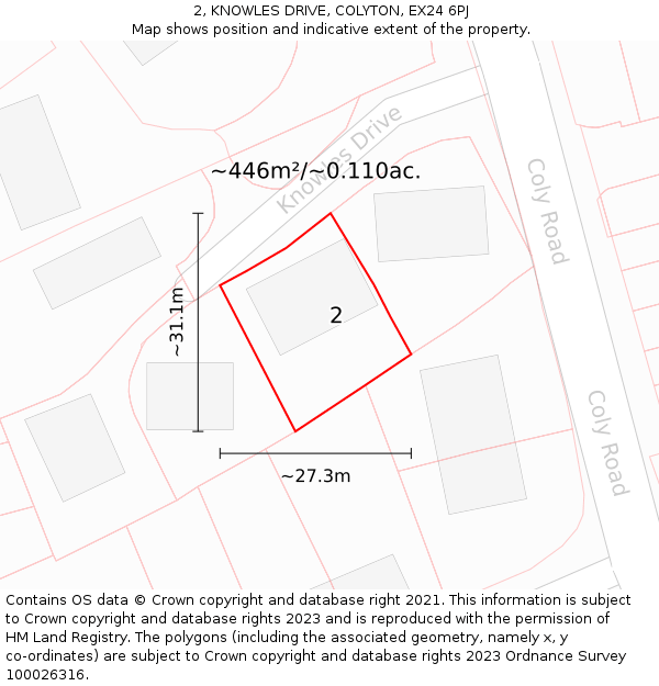 2, KNOWLES DRIVE, COLYTON, EX24 6PJ: Plot and title map