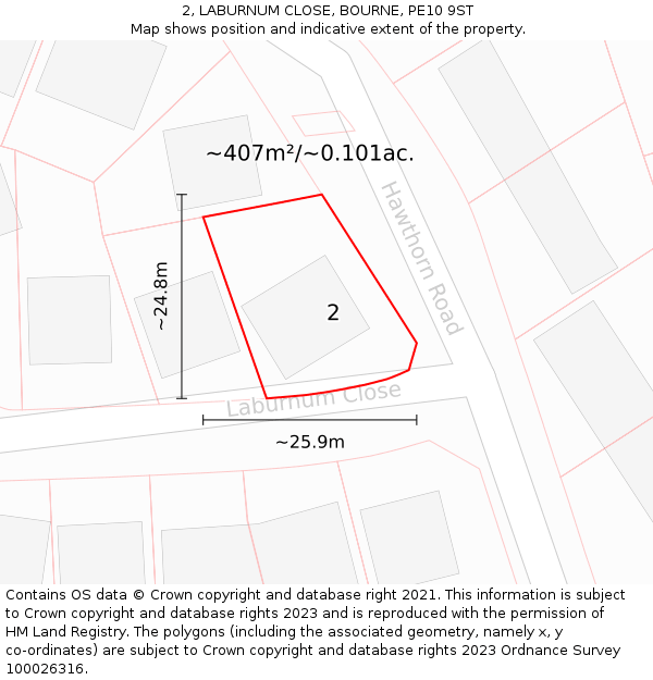 2, LABURNUM CLOSE, BOURNE, PE10 9ST: Plot and title map