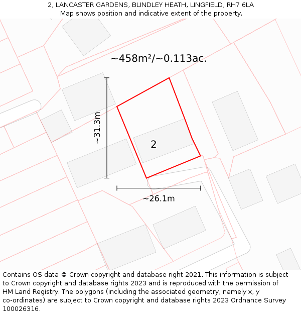 2, LANCASTER GARDENS, BLINDLEY HEATH, LINGFIELD, RH7 6LA: Plot and title map