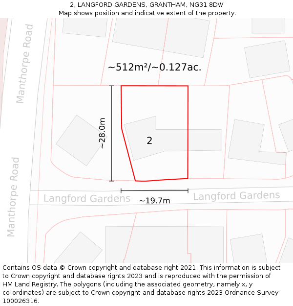 2, LANGFORD GARDENS, GRANTHAM, NG31 8DW: Plot and title map