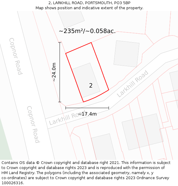 2, LARKHILL ROAD, PORTSMOUTH, PO3 5BP: Plot and title map