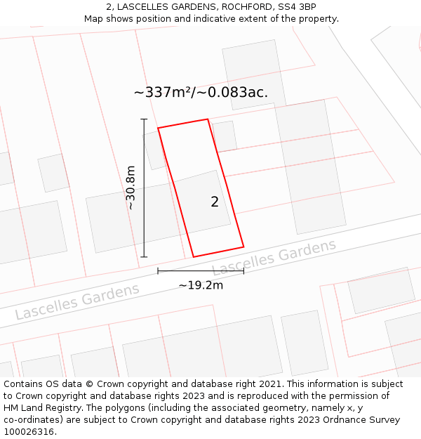 2, LASCELLES GARDENS, ROCHFORD, SS4 3BP: Plot and title map