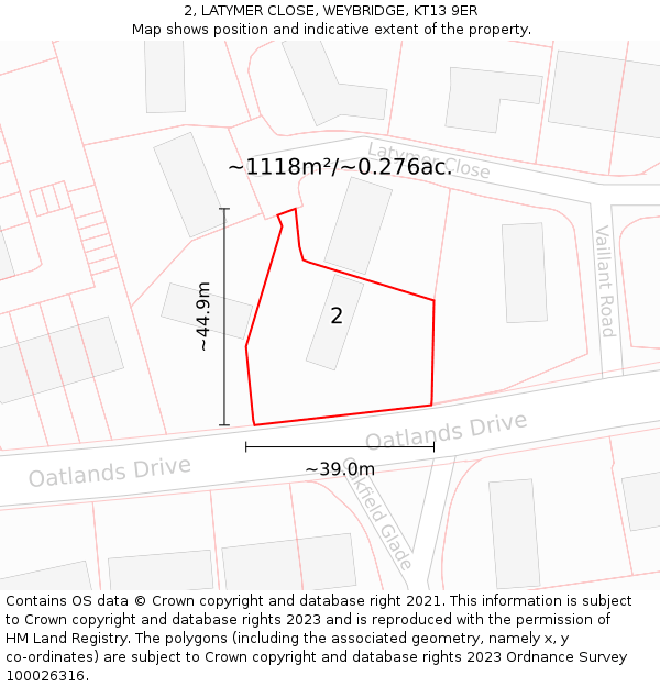 2, LATYMER CLOSE, WEYBRIDGE, KT13 9ER: Plot and title map