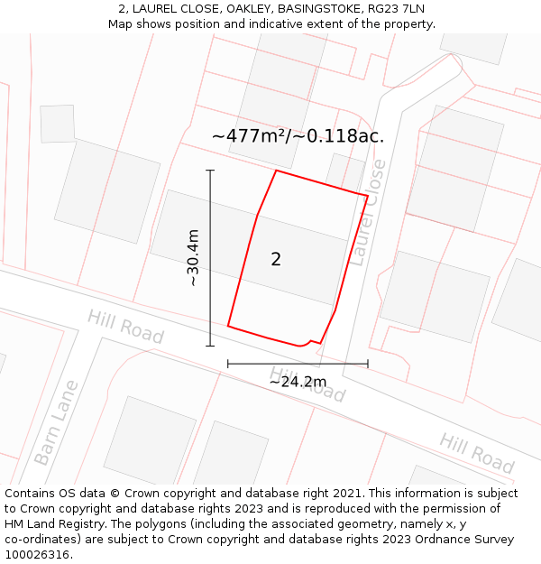 2, LAUREL CLOSE, OAKLEY, BASINGSTOKE, RG23 7LN: Plot and title map