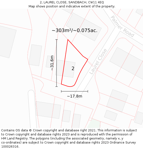 2, LAUREL CLOSE, SANDBACH, CW11 4EQ: Plot and title map