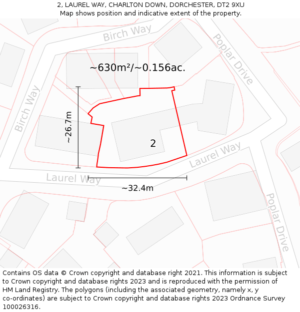 2, LAUREL WAY, CHARLTON DOWN, DORCHESTER, DT2 9XU: Plot and title map