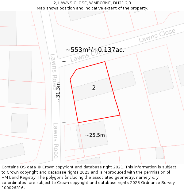 2, LAWNS CLOSE, WIMBORNE, BH21 2JR: Plot and title map