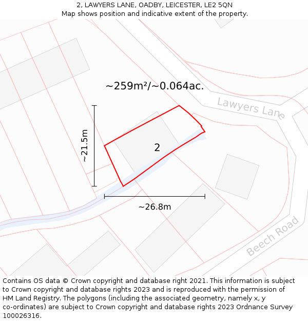 2, LAWYERS LANE, OADBY, LEICESTER, LE2 5QN: Plot and title map