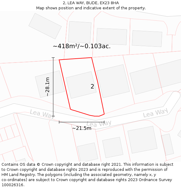 2, LEA WAY, BUDE, EX23 8HA: Plot and title map