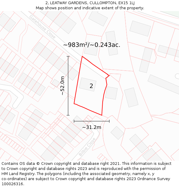 2, LEATWAY GARDENS, CULLOMPTON, EX15 1LJ: Plot and title map