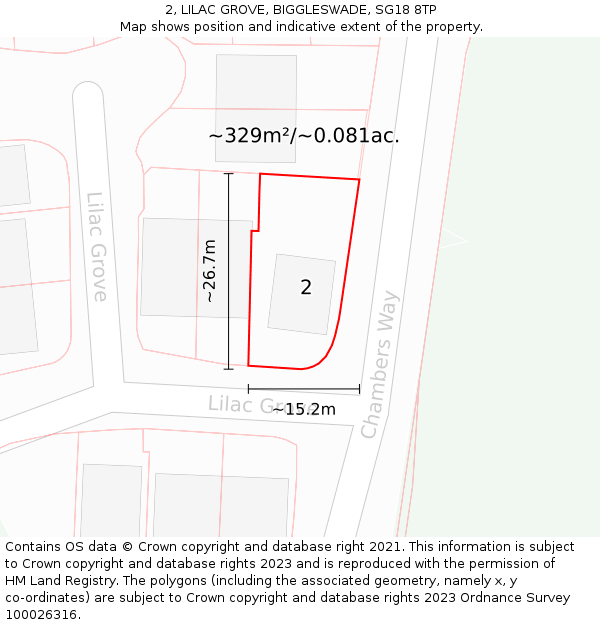 2, LILAC GROVE, BIGGLESWADE, SG18 8TP: Plot and title map