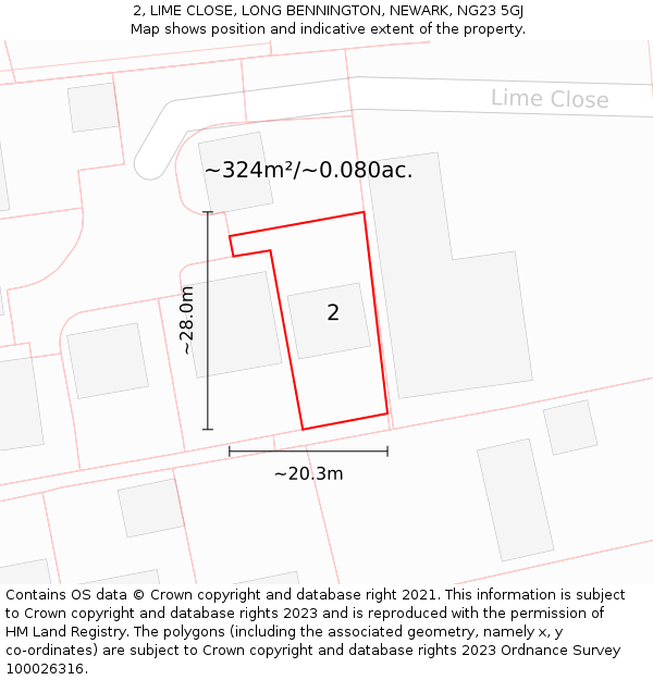 2, LIME CLOSE, LONG BENNINGTON, NEWARK, NG23 5GJ: Plot and title map