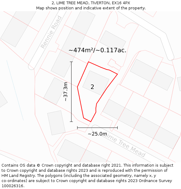 2, LIME TREE MEAD, TIVERTON, EX16 4PX: Plot and title map