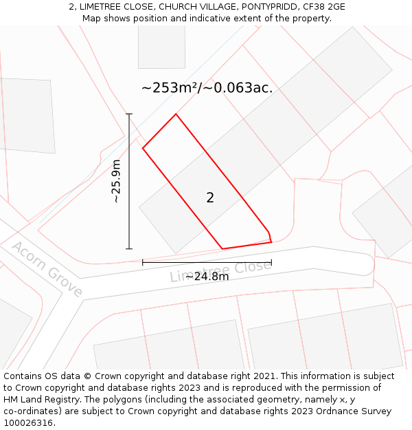 2, LIMETREE CLOSE, CHURCH VILLAGE, PONTYPRIDD, CF38 2GE: Plot and title map