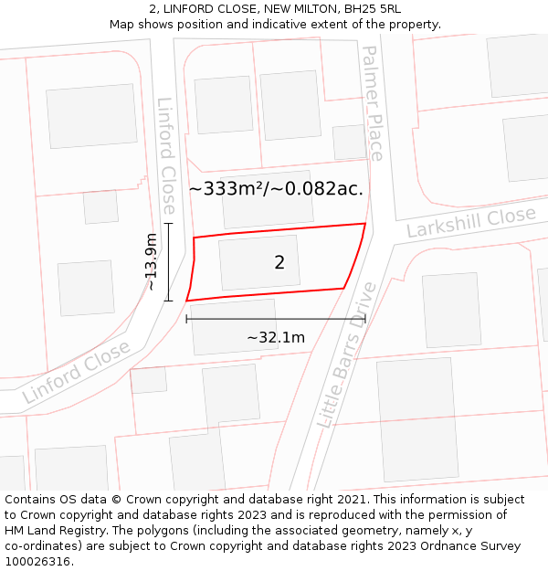 2, LINFORD CLOSE, NEW MILTON, BH25 5RL: Plot and title map