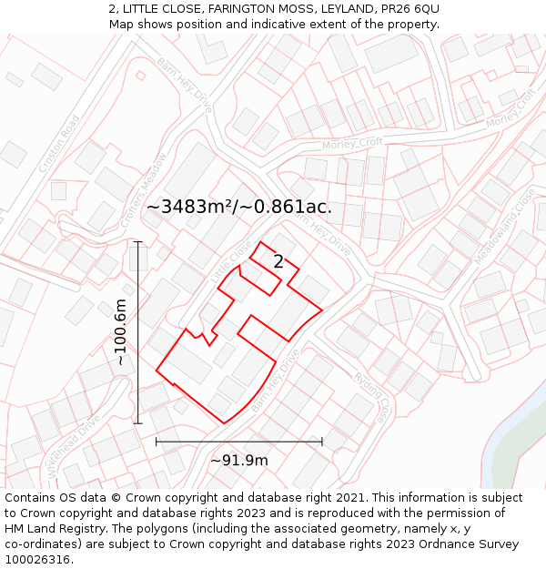 2, LITTLE CLOSE, FARINGTON MOSS, LEYLAND, PR26 6QU: Plot and title map