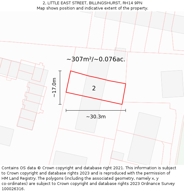 2, LITTLE EAST STREET, BILLINGSHURST, RH14 9PN: Plot and title map