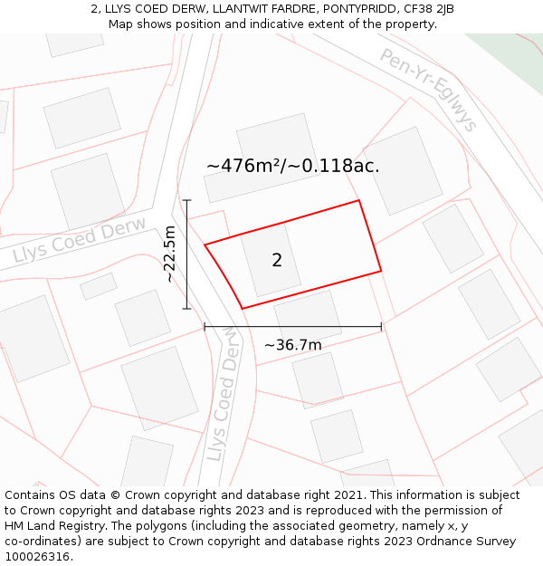 2, LLYS COED DERW, LLANTWIT FARDRE, PONTYPRIDD, CF38 2JB: Plot and title map