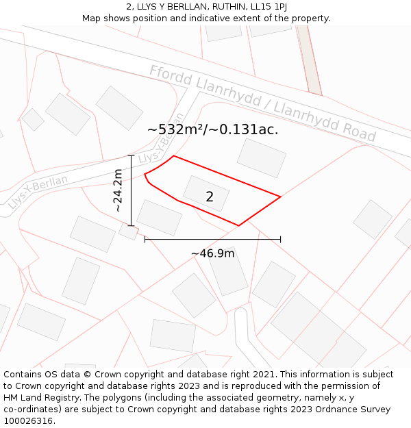 2, LLYS Y BERLLAN, RUTHIN, LL15 1PJ: Plot and title map