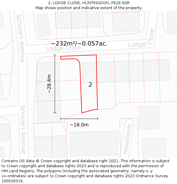 2, LODGE CLOSE, HUNTINGDON, PE29 6GR: Plot and title map