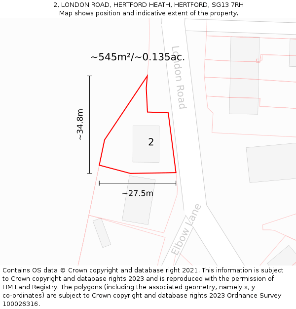 2, LONDON ROAD, HERTFORD HEATH, HERTFORD, SG13 7RH: Plot and title map