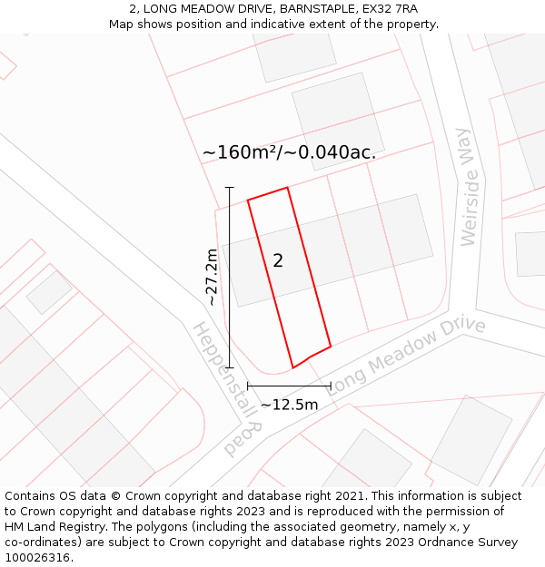 2, LONG MEADOW DRIVE, BARNSTAPLE, EX32 7RA: Plot and title map